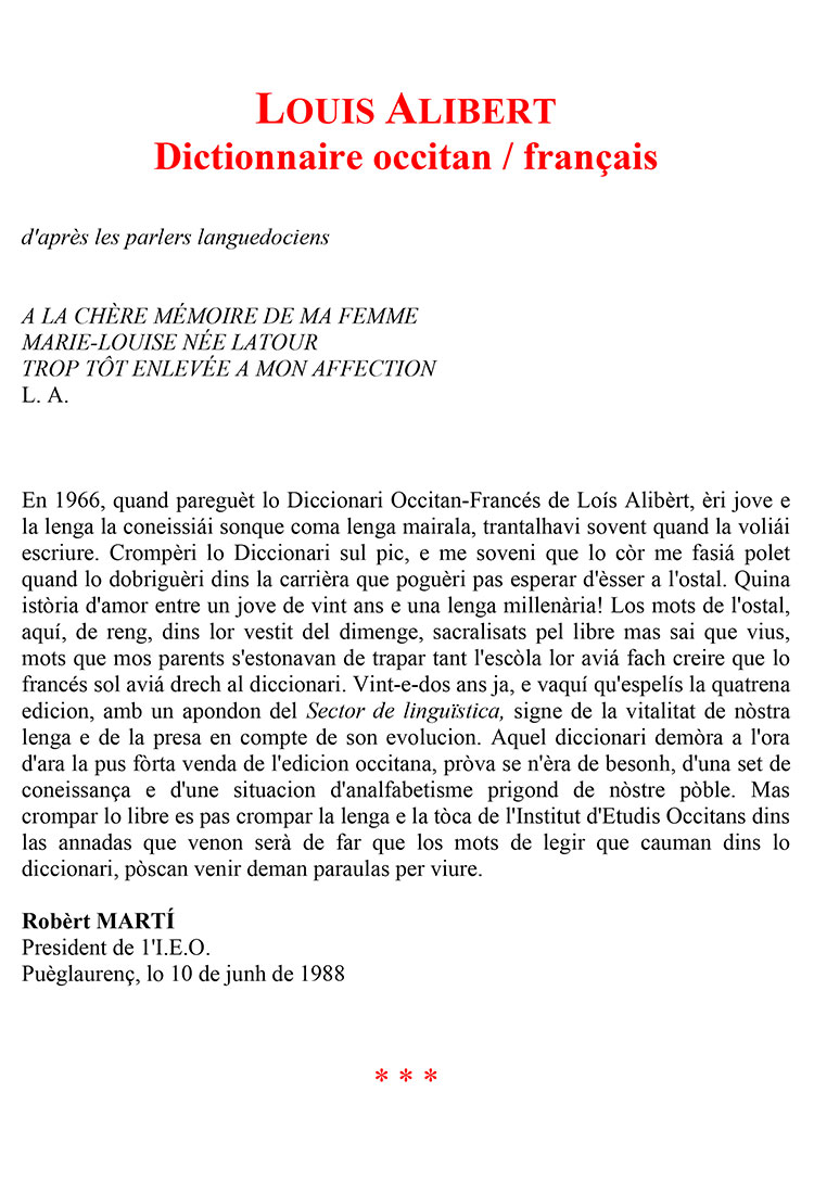 Dictionnaire occitan, Louis Alibert