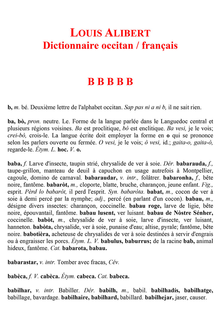 Dictionnaire occitan, Louis Alibert / français (B)