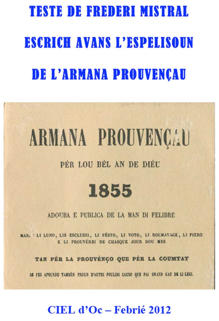 Teste escrich avans l'Espelisoun de l'Armana Prouvençau, Tèste de Frederi MISTRAL